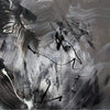 Monochrome abstract artwork with dynamic brush strokes and shapes conveying a sense of movement and energy