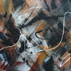 Expressive abstract artwork with bold brushstrokes and dynamic shapes in shades of black, orange, and white.