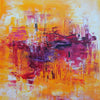 Vibrant abstract art print depicting a dynamic cityscape in shades of orange, yellow, and red with splashes of purple. The composition features bold brushstrokes and a sense of energy, creating an artistic, modern landscape.