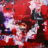 Vivid abstract painting with bold red, purple, and white brushstrokes creating a dynamic, energetic composition on the canvas.
