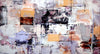 Large abstract landscape painting with bold brushstrokes and vibrant colors including orange, purple, and gray. The artwork features geometric shapes and textures, creating a modern and dynamic composition.