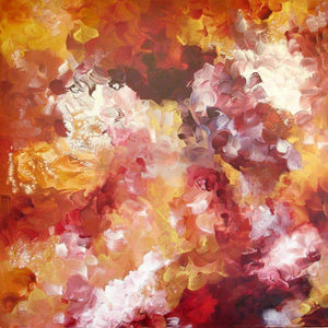 Vibrant abstract canvas art with dynamic brush strokes in shades of orange, yellow, red, and pink. Large, colorful floral-inspired painting featuring a bold, expressive design.