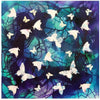 Vibrant white butterflies fluttering against a dark, abstract background of blues, greens, and purples. The butterflies appear to be in motion, creating a sense of energy and movement within the image. The overall composition has a dreamlike, surreal quality to it.