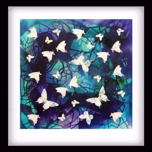 "Nighttime Waltz" Signed Edition Art Print
Elegant, abstract butterflies in shades of blue, purple and turquoise dance across the canvas, creating a mesmerizing modern artwork.
