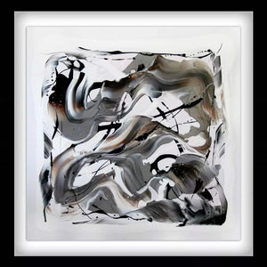 Earthy Abstract Art Print
Abstract painting with swirling earthly tones of brown, black and grey hues against a white background. Framed artistic work showcasing the artist's unique modern style and creative expression.