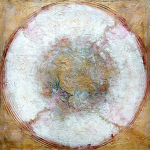 Abstract square painting featuring a textured and layered composition of warm gold, pink, and white tones with a central circular design. The artwork has a dreamlike, ethereal quality, showcasing the artist's skill in creating a visually captivating mixed media abstract piece.