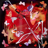 Colorful abstract art print featuring playful butterflies, geometric patterns, and vibrant splashes of red, orange, and purple. The artwork has a whimsical, carnival-like feel with its energetic composition and bold use of color.