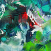 Colorful abstract painting with bold brushstrokes in vibrant green, red, and blue hues. The painting features a dynamic and expressive composition with a sense of movement and energy. The abstract artwork would make a striking and modern addition to any contemporary home or office space.