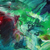 Vibrant abstract painting with bold, expressive brushstrokes in shades of green, black, and red. Showcasing dynamic, energetic interplay of colors and textures on the canvas.