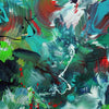 Vibrant abstract square painting with bold brushstrokes in green, turquoise, red, and black. Energetic and dynamic abstract artwork with a modern artistic style.