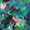 Vibrant abstract painting with bold brushstrokes in shades of green, blue, red, and white
