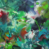 Colorful abstract painting with vibrant strokes of green, blue, red, and black paint creating a dynamic and energetic composition. The artwork has a lively, expressive style with a sense of motion and depth. The use of bold, contrasting colors and expressive brushwork evokes a sense of nature and natural forms.