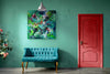 Vibrant abstract artwork | Large colorful painting on green wall | Teal sofa and red door in stylish room
