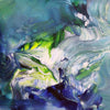 Vibrant abstract painting depicting swirling brushstrokes of blue, green, and white colors. Artistic impression of nature's dynamism and movement. Colorful, modern artwork suitable for home or office decor.