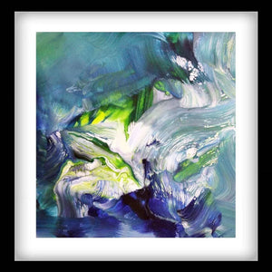 Abstract expressionist art print titled "Midnight Tango II" by British artist Paresh Nrshinga, featuring vibrant swirling brushstrokes of blues, greens, and whites against a dark background, creating a dynamic and energetic abstract composition.