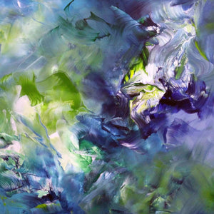 "Vibrant Abstract Art Print" - A colorful abstract painting featuring bold strokes of blue, green, and white, creating a dynamic and visually striking artwork.