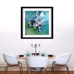 Fine art print "Midnight Tango II" - Signed edition abstract art print displayed in a modern dining room setting.
