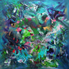 "Vibrant Abstract Landscape" - Colorful acrylic painting depicting a lush, tropical scene with energetic brush strokes and a mix of green, blue, pink, and purple hues.