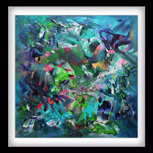 Vibrant Abstract Artwork - Energetic Brushstrokes of Green, Blue, and Purple