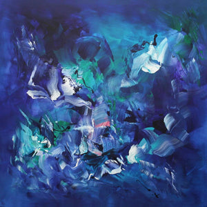 Vibrant abstract artwork depicting a mesmerizing underwater scene. Swirling shades of blue, green, and purple create a dynamic and captivating visual experience. Fluid brushstrokes and bold colors evoke a sense of movement and depth, inviting the viewer to get lost in the depths of this compelling abstract painting.