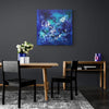 Abstract Blue Canvas Art | Lost In The Stars 100x100cm - Vibrant modern painting featuring swirling brushstrokes in shades of blue, green, and purple, creating a captivating celestial-inspired artwork for a contemporary living space.