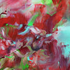 Vibrant abstract square artwork featuring bold brushstrokes in shades of red, green, and pink against a textured background.