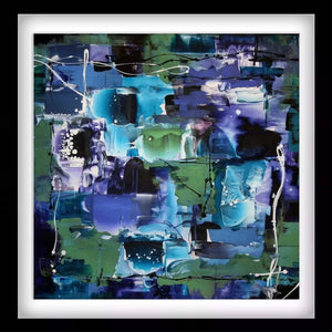"Vibrant Abstract Art" - Framed abstract painting featuring a dynamic mix of blues, greens, and splashes of color against a dark background, creating a captivating and modern artwork.