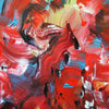 Vibrant abstract painting with bold brushstrokes of red, orange, and blue hues creating a dynamic and energetic composition.