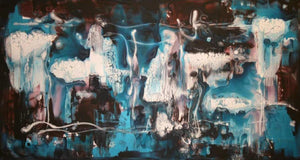 Vibrant abstract landscape with flowing forms and splashes of color. Textured canvas depicts a dreamlike, surreal scene in shades of blue, brown, and white. Original artwork showcasing the artist's unique abstract style.