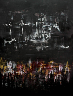 Dramatic abstract landscape with dark, moody hues and textural brushstrokes depicting an expressive, ethereal scene.