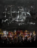 Dramatic abstract landscape with dark, moody hues and textural brushstrokes depicting an expressive, ethereal scene.