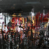 Striking abstract landscape | Dramatic black and white painting with bursts of red and gold | Bold, expressive brushstrokes create a moody, atmospheric scene | Captivating minimalist art piece with a striking visual impact
