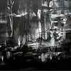 Minimalist monochromatic abstract landscape painting with bold brushstrokes and dynamic composition
