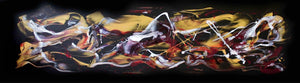 Vibrant abstract landscape artwork with sweeping brushstrokes and vivid colors. Dramatic composition of dynamic, interlocking forms in shades of yellow, red, and purple against a dark background.
