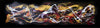 Vibrant abstract landscape artwork with sweeping brushstrokes and vivid colors. Dramatic composition of dynamic, interlocking forms in shades of yellow, red, and purple against a dark background.