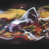 Vibrant abstract landscape painting with dynamic brushstrokes in vivid colors of red, yellow, and black on a dark background, creating a visually striking and emotive abstract artwork.