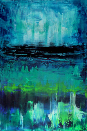 Tranquil Sapphire Dreamscape - Abstract landscape painting with vibrant blue and green hues, evoking a serene and captivating atmosphere.