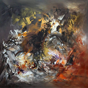 Dynamic abstract painting with bold brushstrokes and vibrant colors showcasing an intense, dramatic composition