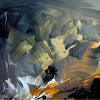 Vibrant abstract artwork | Large square painting with dynamic brushstrokes in shades of green, yellow, and black | Contemporary abstract art piece