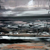 Abstract landscape painting depicting an island in the shadows with a moody, atmospheric setting