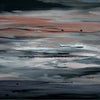 Abstract landscape painting titled "Island In The Shadows II" by artist Paresh Nrshinga. The artwork depicts an imaginary seascape with a dark, moody sky and reflections on the water's surface. Warm tones of pink and gray create a sense of atmospheric depth and movement. This modern abstract painting is part of the Paresh Nrshinga Abstract Art collection, offering affordable British art for home and office decor.