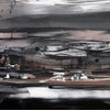 Abstract landscape | Island In The Shadows II 100x130cm - Monochrome abstract painting featuring dark silhouettes, hazy horizon, and textured brushstrokes.