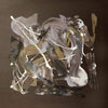 Swept In A Moment I 20x20" - Intricate abstract painting with swirling brush strokes and a mix of neutral tones and accents of gold on a dark background.