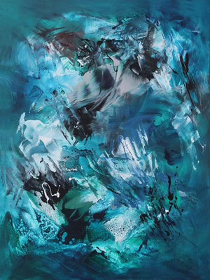 Teal abstract landscape painting with flowing, expressive brushstrokes of earthy colors and vibrant teal hues, creating a captivating and dynamic modern art piece.