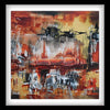 Vibrant abstract art print "Golden Paradise" featuring colorful brushstrokes in warm oranges, yellows, and blacks, creating a dynamic and energetic composition.