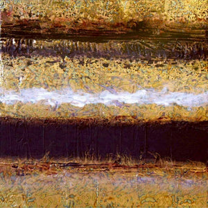 Textured abstract painting with layers of gold, brown, and purple hues creating a serene and captivating landscape-like composition.