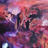 Vibrant abstract art with bold brushstrokes in purple, pink, and red tones. Swirling, organic shapes and textures create a dynamic, expressive composition. This large abstract painting would be a captivating focal point for any modern or contemporary space.