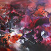 Large abstract artwork | Vibrant swirls of bold, earthy colors in warm red, orange, and purple hues create an energetic, modern painting