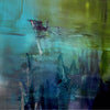 Vibrant abstract landscape painting with swirling brushstrokes of blue, green, and purple hues on canvas.