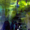 Vibrant abstract landscape painting with bold brushstrokes in shades of green, blue, and black, evoking a natural, earthy atmosphere.
